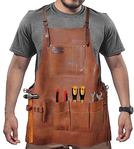 DarkRabbit 8-Pocket Leather Cut Proof Tool Apron Woodworking Apron, Carpenter Apron for Welding, Blacksmith BBQ Apron | Heat & Flame Resistant | Adjustable 33” to 54”