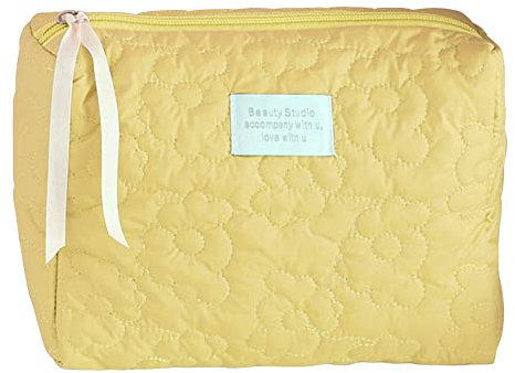 Grande trousse de maquillage matelassée Coquette - Trousse de maquillage de voyage pour femme - Pochette de maquillage matelassée - Esthétique - Trousse de toilette, D05-jaune, 26