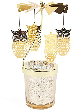 Uposao Rotierender Kerzenhalter Glas, Karussell Teelicht Teelichthalter Motiv Eule Spinnen Teelicht Kerzenhalter Kerzenständer Weihnachtsdeko für Geburtstag Hochzeit Deko Wohnzimmer Tischdeko