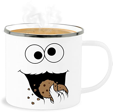 Emaille Becher Blechbecher - Karneval & Fasching - Tassen - Keks Monster I Krümelmonster I Cookie Monster Fastnacht I Fasnacht I Fasnet - 300 ml - Weiß Silber - fasching- auge tasse carnevale kekz