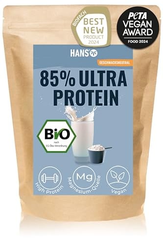 HANS Brainfood 85% Bio ULTRA fermentiertes Erbsen-, Reis- & Hanfprotein 1kg neutral - Veganes Proteinpulver - Bio Proteinpulver in Rohkostqualität aus Erbsenprotein, Reisprotein, Hanfprotein