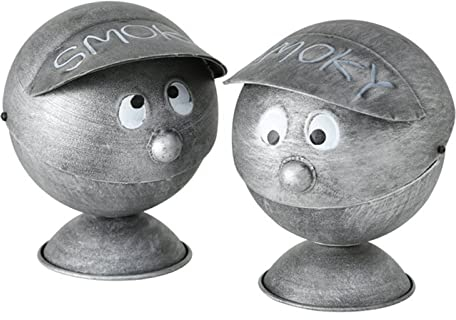 ReWu Sturmaschenbecher Smoky Kugelform Gesicht Kopf aus Eisen - Mit Klappdeckel - Farbmix Grau Gewischt Aschenbecher Ascheeimer Zigarettenmülleimer Rauchzubehör Höhe: 16 cm