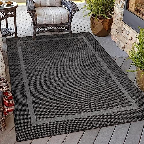 HomebyHome In & Outdoor Teppich Wetterfest Sisal Optik Schwarz 80x250 cm Läufer - Balkon Teppich Wasserfest, Waschbar, Flachgewebe - Ideal für Küchenläufer, Camping, Garten und Terrasse