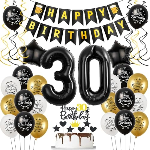 Luftballons 30. Geburtstag Schwarz Golden, Geburtstagsdeko 30 Jahre Mann Frauen, Ballon 30. Geburtstag, Folienballon Zahl 30, deko 30. geburtstag Frauen, Schwarz Tortendeko 30 Mann Deko