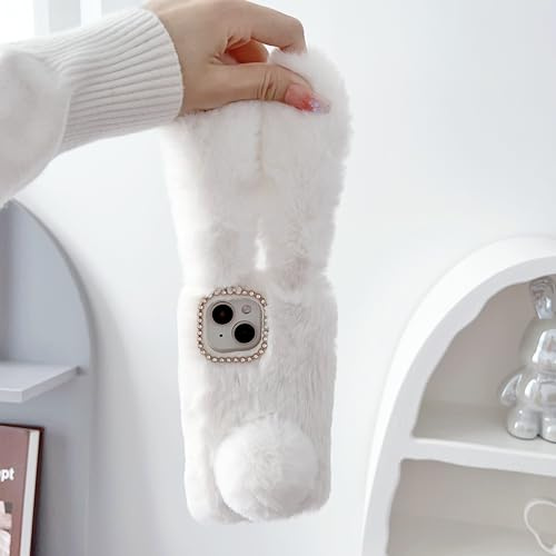 Sawiqpd iPhone 14 5G Case 6.1-Inch, Cute Fluffy Furry Rabbit Ears Cover Soft Silicone Phone Case Faux Fur Warm Plush Bunny Shockproof TPU Gel Bumper Protective Back Case for iPhone 14 5G, White
