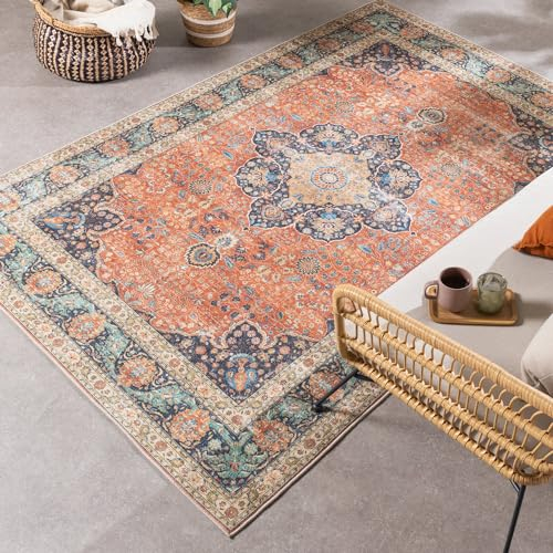 FRAAI | Home & Living In- & Outdoor Teppich Vintage - Kairo Medaillon Terra Dunkelblau - Wetterfest - Polyester - Flachgewebe - Wohnzimmer, Esszimmer, Balkon, Garten/Terrasse - Terrasse - Rug