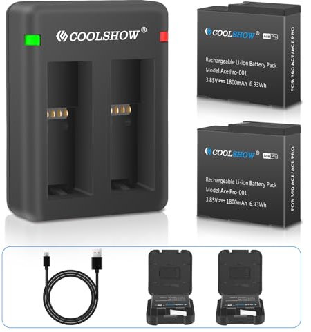 COOLSHOW Batteria di ricambio Ace/Ace Pro 1800mAh 2 confezioni e caricabatterie doppio Ace/Ace Pro Design doppio Type-C e Micro-USB Compatibile con la fotocamera Insta360 Ace/Ace Pro