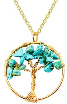 Only faith Collar para Mujer Arbol de Vida con piedras naturales Hecho a mano Acero Inoxidable Amuleto y protección Limpieza de 7 Chakras meditación (Pequeño Turquesa Dorado)