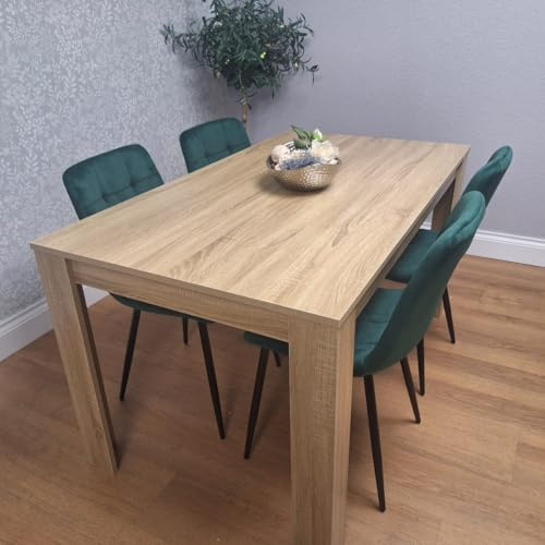 KOSY KOALA Dining Table Set Of 4 Wooden Oak Table And 4 Tufted Velvet Black Chairs (Table + 4 green chairs, 117cm (L) x 77cm (W))