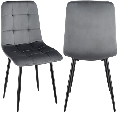 JIJIAN Lot de 2 Chaises de Salle à Manger, Chaise de Cuisine en Velours et Pieds en Métal Noir, Chaises Tapissées d'une Capacité de 120 kg, Gris Foncé