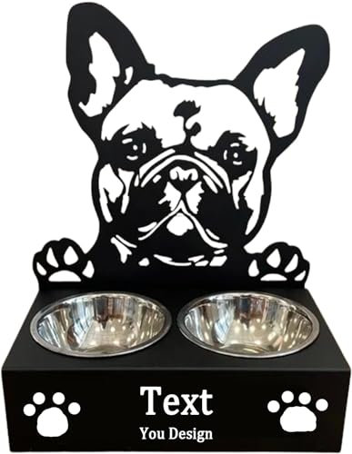 Wrought Iron Personalized Dog Food Bowl Rack-with 2 Stainless Steel Dog Food Bows， Be Customized According to Your Pet'S Name ， Suitable for Large and Small Varieties (French Bulldog)