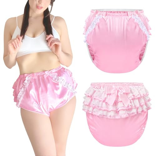 LittleForBig Waschbar Wiederverwendbar Wasserdicht Gerüschte Spitze Schleife Hübsch in Rosa Satin Über Erwachsene Windel Abdeckung L