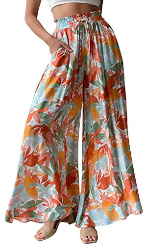 OMEWEE Damen Sommer Lässige Marlenehose mit Taschen Leicht Palazzo Elegant Plissee Viskose Hose Freizeithose Hohe Taille Sommerhose Weites Bein Boho Schlaghose