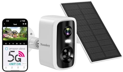 Noonkey 4MP Solar Security Camera Outdoor, 5G&2.4GHz Wireless Rechargeable Battery Cam with Spotlight/Siren, AI Human Detection, Color Night Vision, 2-Way Audio, IP65 Waterproof, Alexa,No Power Needed
