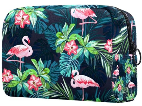 Grande trousse de maquillage avec motif flamant rose avec feuilles tropicales pour femme, trousse de toilette de voyage, grande pochette de maquillage pratique avec fermeture éclair, multicolore,