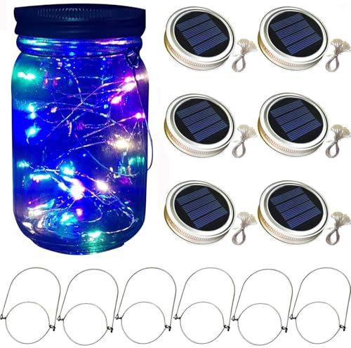 Solar-Einmachglas-Deckel-Lichter, 6 Stück, 30 LEDs, hängende Einmachglas-Lampe, Feen-Lichterkette, mit Aufhängern (ohne Gläser)
