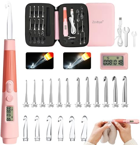 Transplant 18 in 1 LED-Häkelnadel-Set mit Zähler, Rosa, Kunststoff, für Häkelanfänger und -begeisterte
