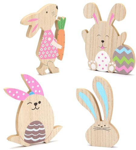LIHAO Lapin Décoration Pâques en Bois, 4 Pièces Décoration Lapin de Pâques, Artisanat Ornements Pâques pour Tables Fenêtres Fêtes