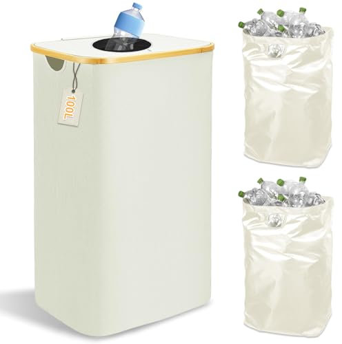 MeYuxg Poubelle tri Selectif 100L, Poubelle Recyclage Cuisine pour Bouteille Plastique, Avec 2 Sac à Main, Beige