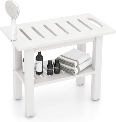 COSTWAY Shower Bench, HDPE Slatted Spa Bath Stool Shower Seat with Storage Shelf and Shower Head Holder, 2-Tier Waterproof Non-Slip Bathroom Stool Bathtub Chair for Elderly Disabled Adults, White