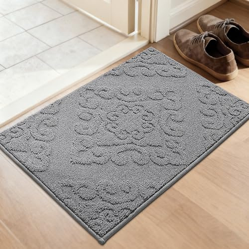 COSY HOMEER Fußmatte Innen 50 x 80 cm, Schmutzfangmatte Grau | Dezentes florales Reliefmuster, waschbar und rutschfest, saugfähiges Polyester, für Flur und Haustür
