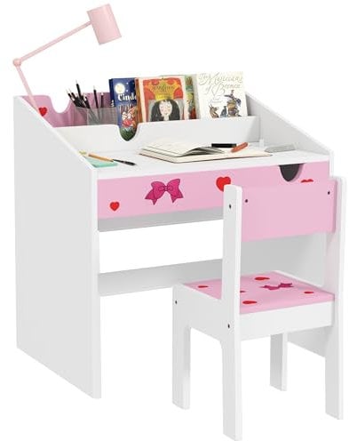 AIYAPLAY Juego de Escritorio y Silla para Niños de +3 Años Pupitre Infantil con Cajón Extraíble y Compartimento para Dormitorio Sala Estudio Rosa y Blanco