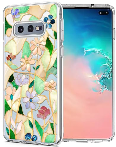 Unov Hülle für Galaxy S10e, Handyhülle Klar mit Motiv, Glasmalerei Blumen | Transparente Schlank Guter Halt, Rutschfest Prägung Muster, Stoßfest Schützende, Erhöhter Kameraschutz, Kratzfest Weich TPU