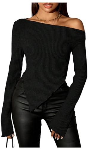 GORGLITTER Women's Asymmetrical Long Sleeve T Shirts Rib Knit Slim Fit Going Out Tops Sexy Party Clothes Black Large