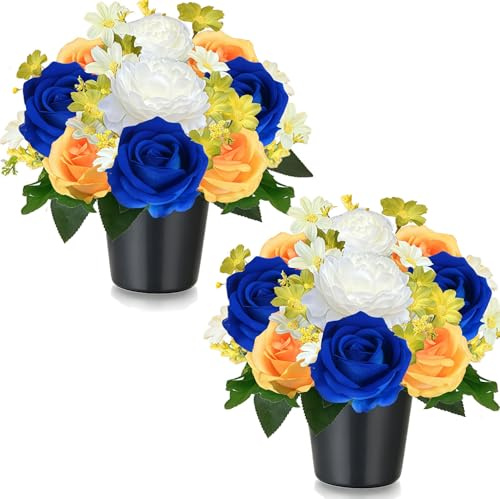 Tosoda 2 Pack Artificial Grave Flowers in Pots Artificial Roses Arrangements for Cemetery Blue Red Purple Pink Roses Arrangements for Choose (Blue)