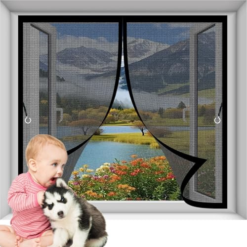 Moustiquaire Fenetre 55 x 58 cm Joint Magnétique de Haut en Bas avec Fermeture Automatique Rideau Magnétique Anti-Insectes pour Toutes Les Tailles de Fenêtre, Noir