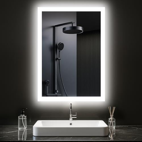 PESENXAN Badezimmer Spiegel mit Beleuchtung 50 x 70cm, LED Bad Spiegel mit Antibeschlag, Badspiegel mit 2 Lichtfarben, 3000K / 6500K, Tastenschalter, Rechteckig Badezimmerspiegel