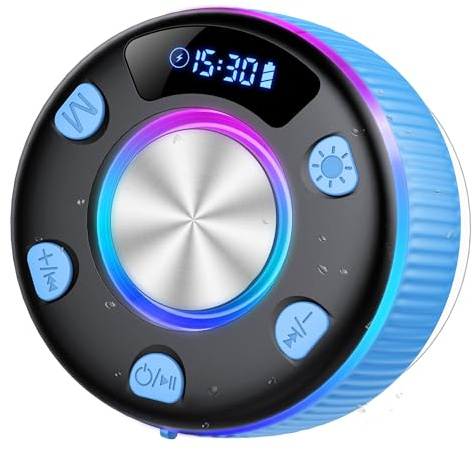 Bluetooth Shower Speaker, Portable Bluetooth Speaker with 360° HD Bass Sound, IP7 Waterproof Portable Wireless Speakers, RGB Lights, Radio, Mini Speakers with Suction Cup for Bathroom, Party, Blue