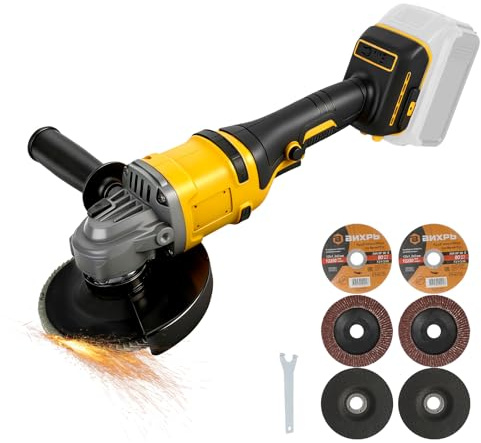 Roadtime Cordless Angle Grinder for DeWalt 20V Battery, 125mm 11800RPM Brushless Grinding Tool with 3 Variable Speeds Grinders, with 6 Disc, Side Handle,for Cutting Grinding Polishing (No Battery)