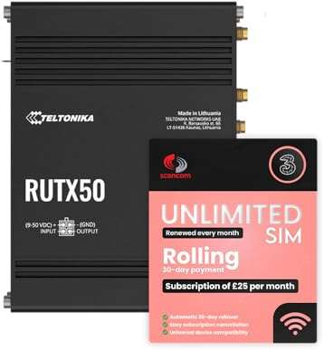 Teltonika RUTX50 Dual Network 5G Mobile Router + Three Rolling 30-Day Plan – £25/Month, QR-Code Activation