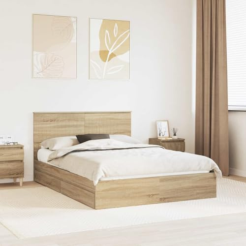 EDNRSOG Stauraumbett Sonoma-Eiche 140x190 cm Holzwerkstoff mit Plattformlattenrost und Schubladen für modernes Schlafzimmer