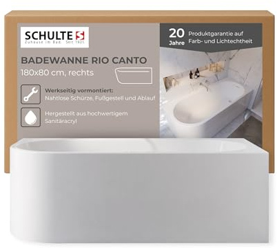 Schulte Badewanne Rio Canto rechts 180x80 cm, inkl. Fußgestell und Ablauf Push-Up mt Schlitzüberlauf, aus hochwertigem wärmedämmenden Acryl in Weiß glänzend