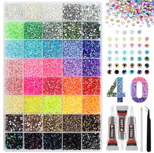 40 Colors Bedazzling Kit, 32000 Pcs 3mm Resin Jelly Rhinestones | Flatback gems, with B7000 glue, tweezers and pickup pen, for nail art, clothing, shoes, phone cases and diamond art crafts