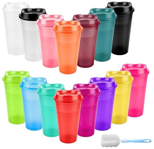 15Pcs Reusable Coffee Cups with Lids - 16 oz Plastic Tumblers to Go Ice Coffee Cups Bulk Plastic Travel Mugs for Slushie and Cold Drinks Smoothie, Home, Car, Beach, Camping & Party - Glitter Colorful
