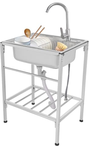 Fregadero independiente de acero inoxidable, 1 lavabo, con grifo de agua fría y caliente, dispositivo de drenaje, lavabo independiente, para exterior, interior, cocina, restaurante, bar, 60 x 45 x 75