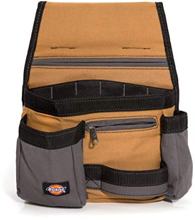 Dickies 11-Pocket Tool/Utility Storage Pouch for Tool Belt, Durable Canvas, Puncture-Resistant Backing, Screwdriver Pockets, Zippered Security Pocket, Hammer Loop, 2-inch Tunnel Loop, Grey/Tan