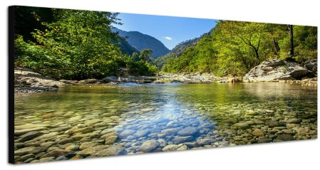 Gebirgsfluss Bach Quelle 150x50cm Breitbild als Panorama auf Leinwand und Keilrahmen fertig zum aufhängen - Unsere Breitbild als Panoramaer auf Leinwand bestechen durch ihre ungewöhnlichen Formate und dem extrem detaillierten Druck aus bis zu 100 Megapixel hoch aufgelösten Panoramafotos. Damit garantieren unsere Bilder einen fantastischen Bildeindruck, leuchtende Farben und gestochen scharfe Details. Qualität aus Deutschland