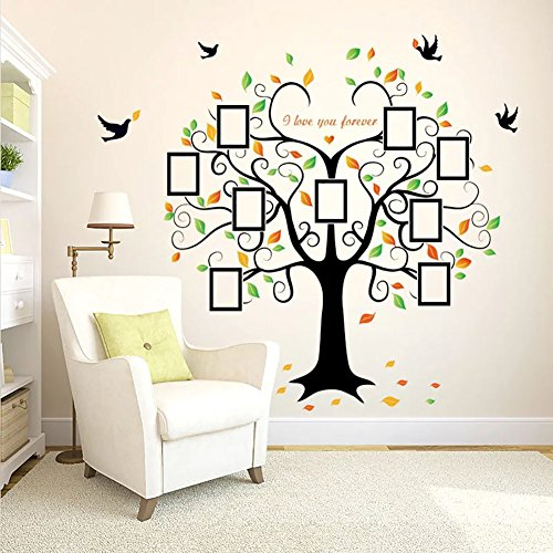 WandSticker4U®- Grand stickers muraux ARBRE PHOTO (160x240 cm) I Autocollant mural arbre de vie famille coloré branche feuilles oiseaux I Décor murale salon chambre couloir chambre adulte XXL