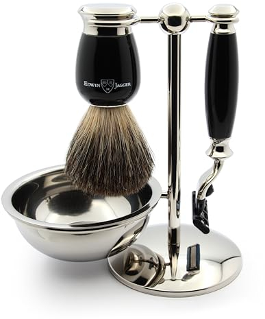 Edwin Jagger S81M586BAMZ Imitation Ebony & Nickel Classic Shaving Set with Pure Badger Shaving Brush, Mach 3 Razor and Shaving Bowl for Shaving Cream or Soap for Men and Women