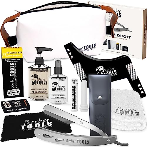Kit de rasage - Rasoir droit + 40 doubles lames + Peigne guide pour rasage + Gel de rasage transparent 80ml + Baume après rasage 30ml + Pierre d'alun + Serviette de rasage + Grand sac ✮BARBER TOOLS✮