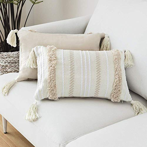 LOMOHOO Boho Throw Kissenbezug Kissen Tufted Tassel Woven Decorative Kissenbezug für Couch Sofa Schlafzimmer Wohnzimmer Draussen Hellgelb (Beige and Yellowy, 12x20inch 1pc)