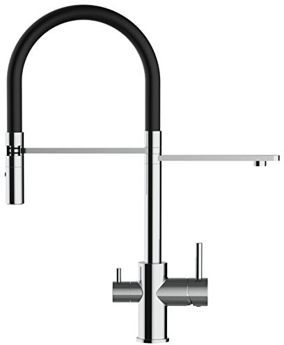 VIZIO 3 Wege Küchenmischer für alle gängigen Filtersysteme geeignet mit schwenkbarem Auslauf und separatem Filterwasser Kanal und 2 strahl Handbrause/CHROM - Schwarz/Profi/Restaurant/Haus