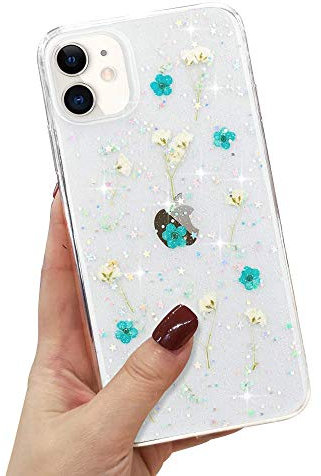 L-FADNUT Kompatibel mit iPhone 12 Pro Max Hülle Getrocknete Blumen Transparent Glitzer Floral Handyhülle Mädchen Frau Klar Weich Silikon Bumper Schutzhülle iPhone 12 Pro Max Grün