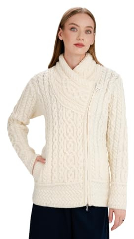 SAOL Irish Cardigan for Women Made of 100% Merino Wool Ireland Sweater Cable Knit Zip Jacket