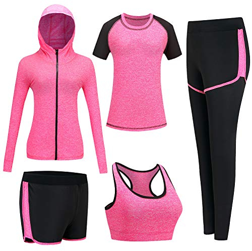 BOTRE Damen Traingsanzug Sport Set 5er-Set Sportanzüge Jogginganzug RHm Fitness Yoga Kleidung Laufbekleidung Sportswear Yoga Outfit Damen BH Leggings Set(Rose, Large)