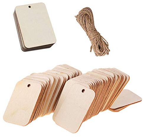 Gativs Holz Anhänger 100 Stück Geschenkanhänger Holz Streudeko Holz Anhänger Rechteck Holzplatte Deko mit Loch Holz Etiketten mit Schnur für DIY Malerei Handwerk Dekoration